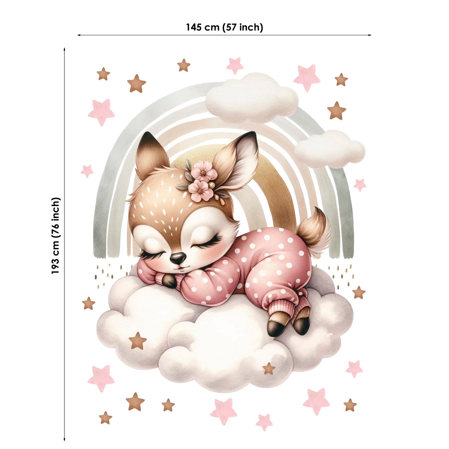 Wall decal of a sleeping deer with a flower headband on a cloud, surrounded by stars and a rainbow, with dimensions indicated.