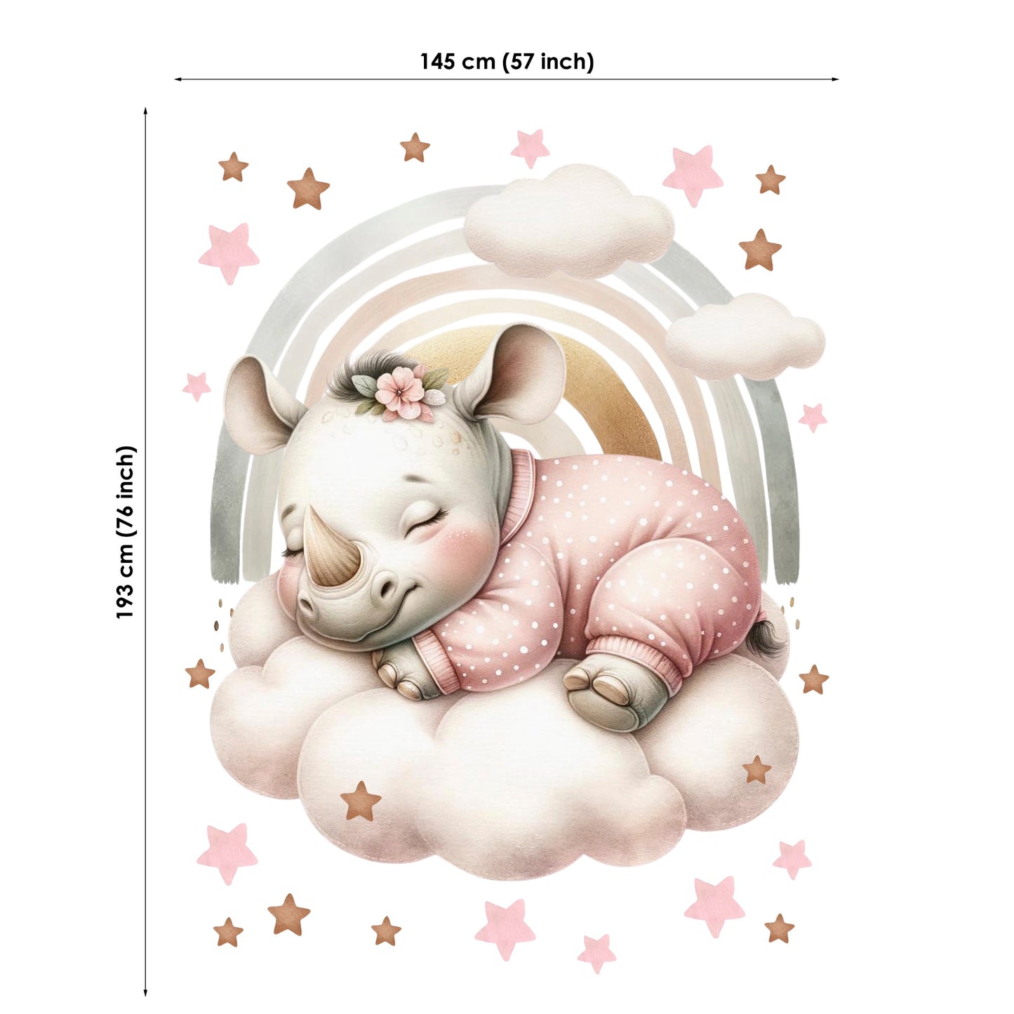 Illustration of a rhino in a pink outfit on a cloud with stars and a rainbow, with dimensions provided.