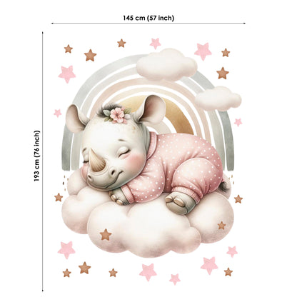 Illustration of a rhino in a pink outfit on a cloud with stars and a rainbow, with dimensions provided.