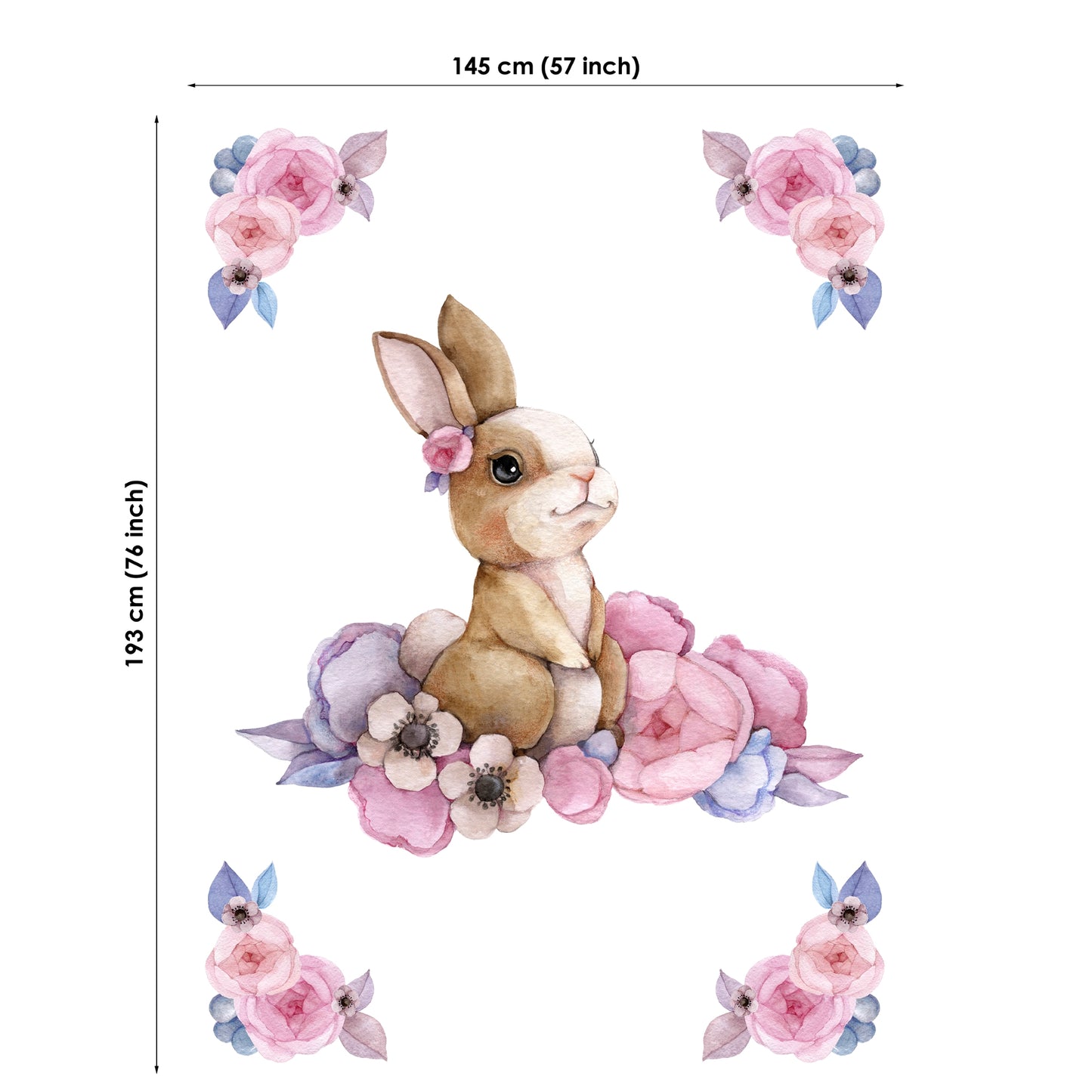 Decorative wall sticker with a rabbit and floral design, including dimensions.