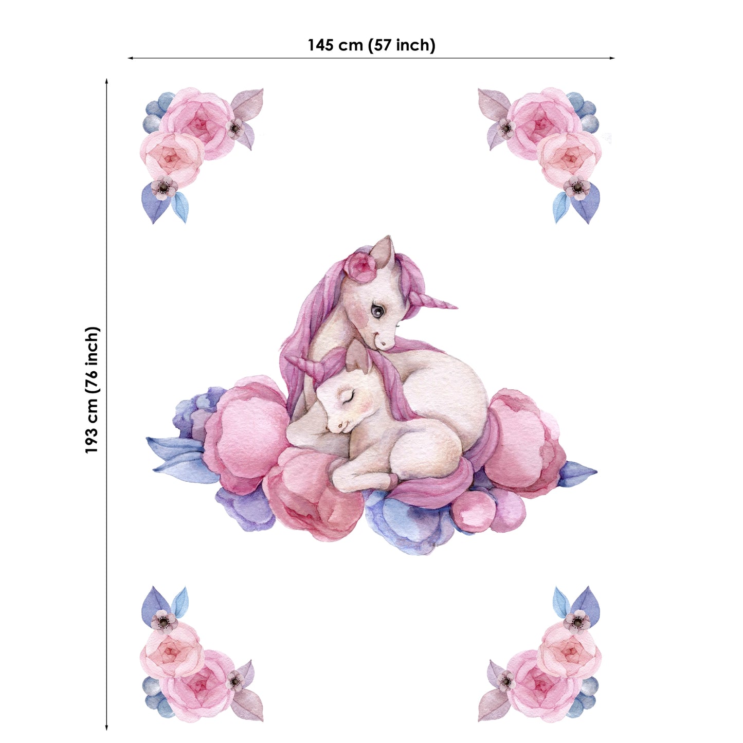 Decorative wall sticker of a unicorn and lamb surrounded by flowers with dimensions on a white background.