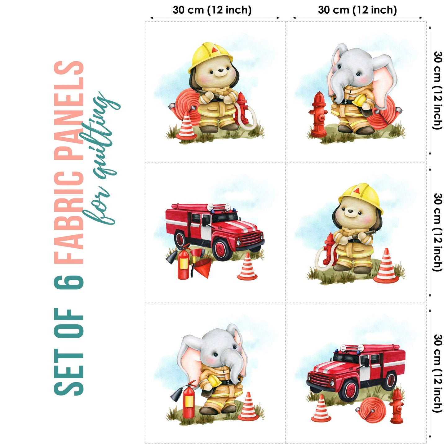 Set of 6 fabric panels with firefighter-themed designs on a white background.