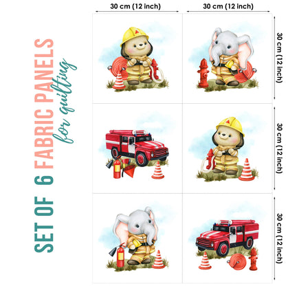Set of 6 fabric panels with firefighter-themed designs on a white background.