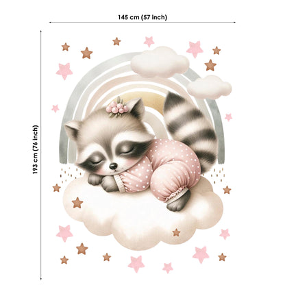 Wall decal of a raccoon in a pink outfit on a cloud with stars, dimensions shown.