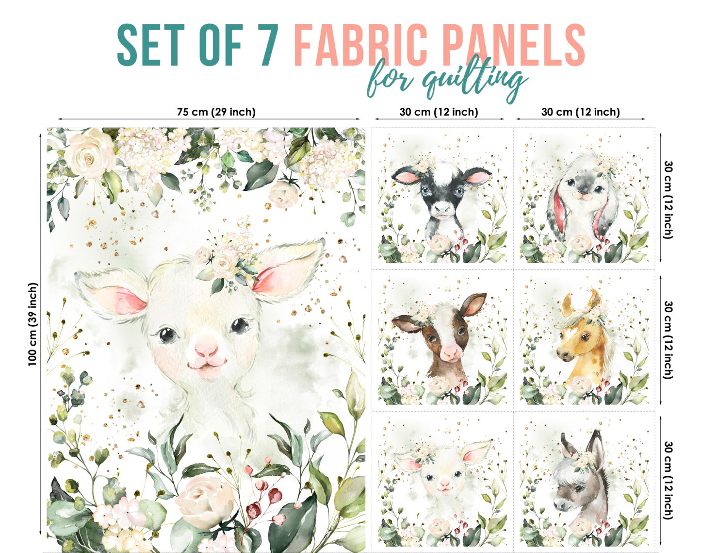 Set of 7 fabric panels featuring various cute farm animal designs, predominantly sheep, with a floral background.