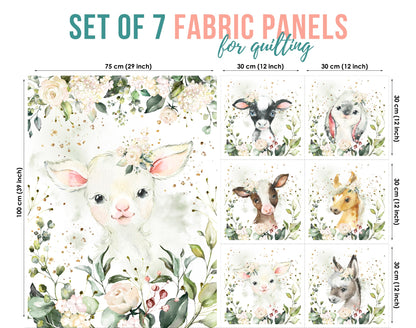 Set of 7 fabric panels featuring various cute farm animal designs, predominantly sheep, with a floral background.