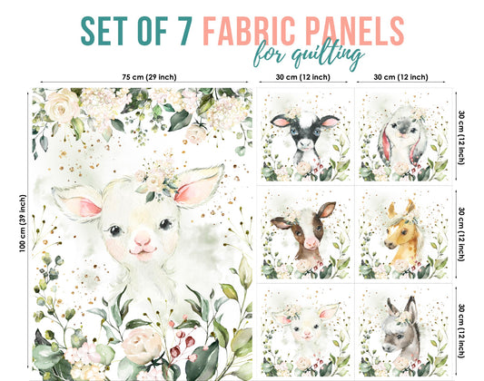 Set of 7 fabric panels featuring various cute farm animal designs, predominantly sheep, with a floral background.