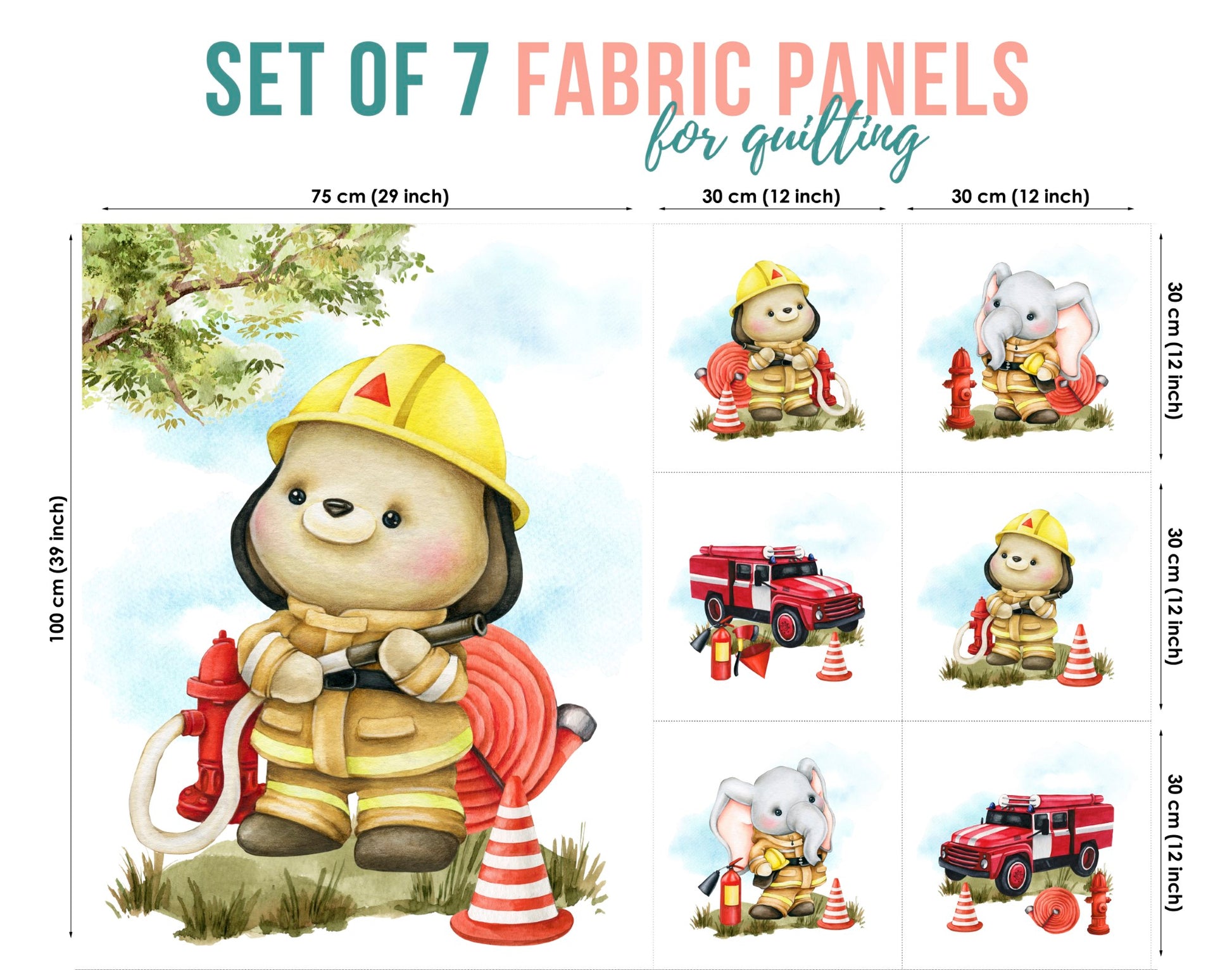 Set of 7 fabric panels with a bear in a firefighter outfit with a fire extinguisher and cone on a white background