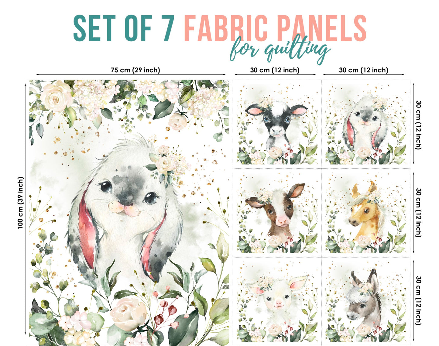 Set of 7 fabric panels featuring various cute farm animal designs, white bunny, with a floral background.