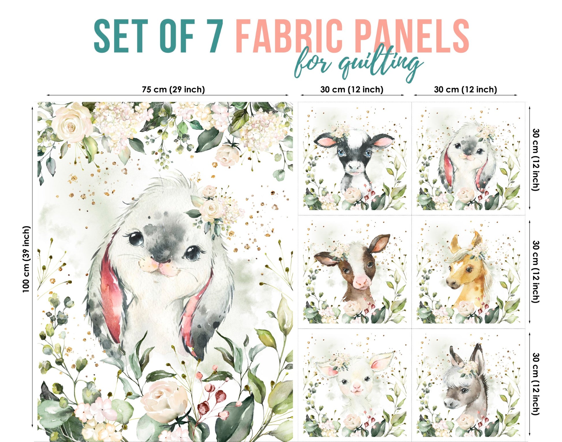 Set of 7 fabric panels featuring various cute farm animal designs, white bunny, with a floral background.