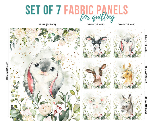 Set of 7 fabric panels featuring various cute farm animal designs, white bunny, with a floral background.