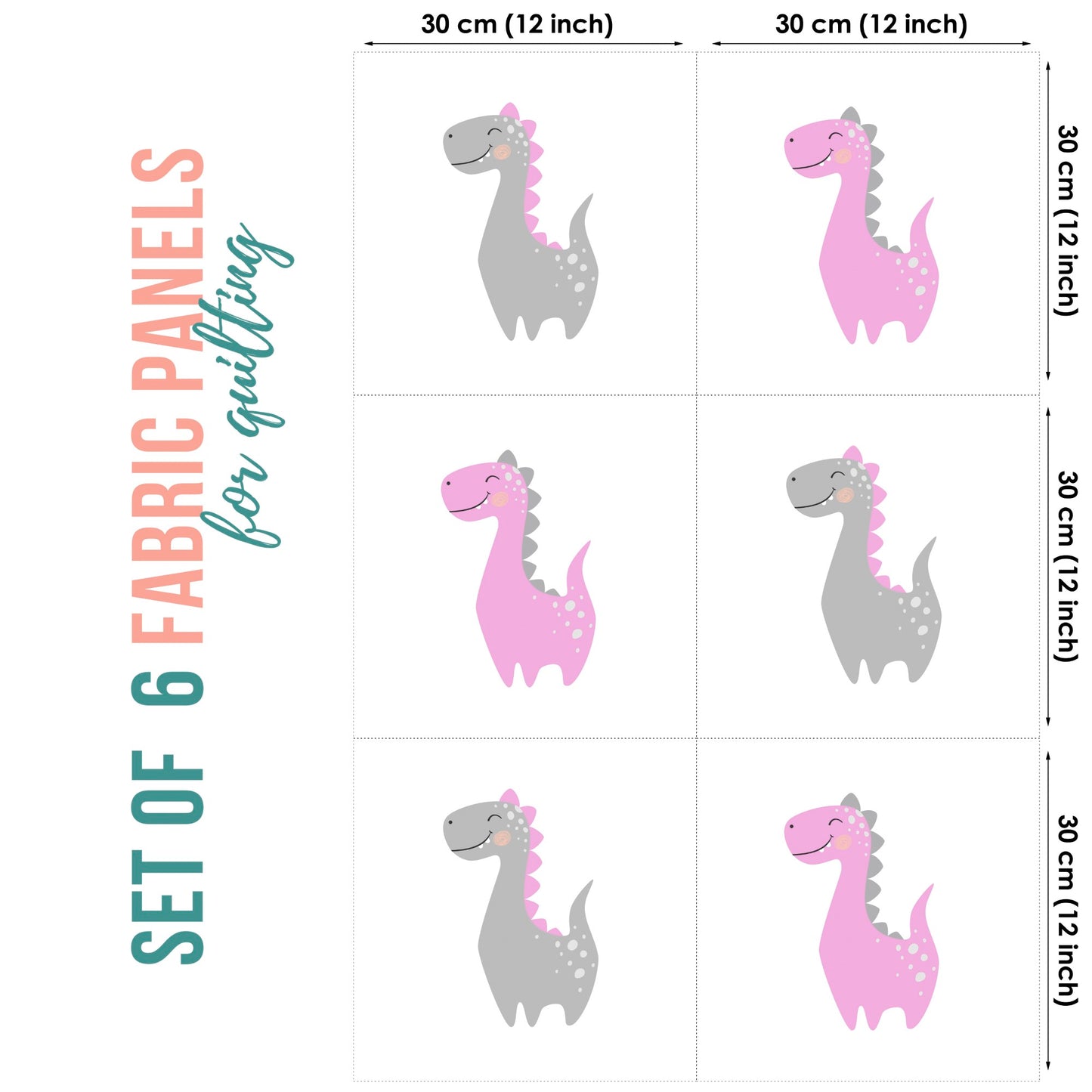 Set of 6 fabric panels featuring pink dinosaur prints on a white background, each panel is 30x30cm in size.