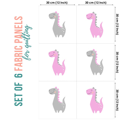 Set of 6 fabric panels featuring pink dinosaur prints on a white background, each panel is 30x30cm in size.
