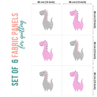 Cute Dino Pink Set of 6 Fabric Panels