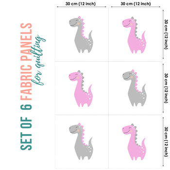 Cute Dino Pink Set of 6 Fabric Panels