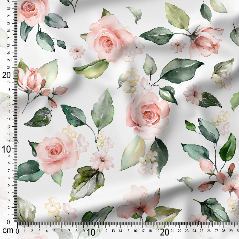 Floral pattern with pink roses and green leaves on a white background, measured with a ruler.