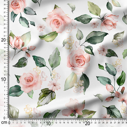 Floral pattern with pink roses and green leaves on a white background, measured with a ruler.