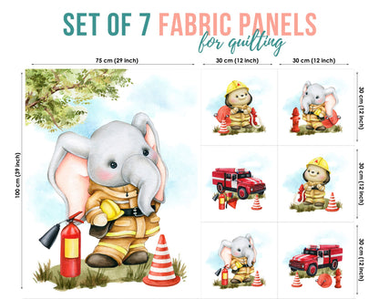A set of seven fabric panels featuring illustrations of an elephant in a fireman's costume, each panel is marked with dimensions.