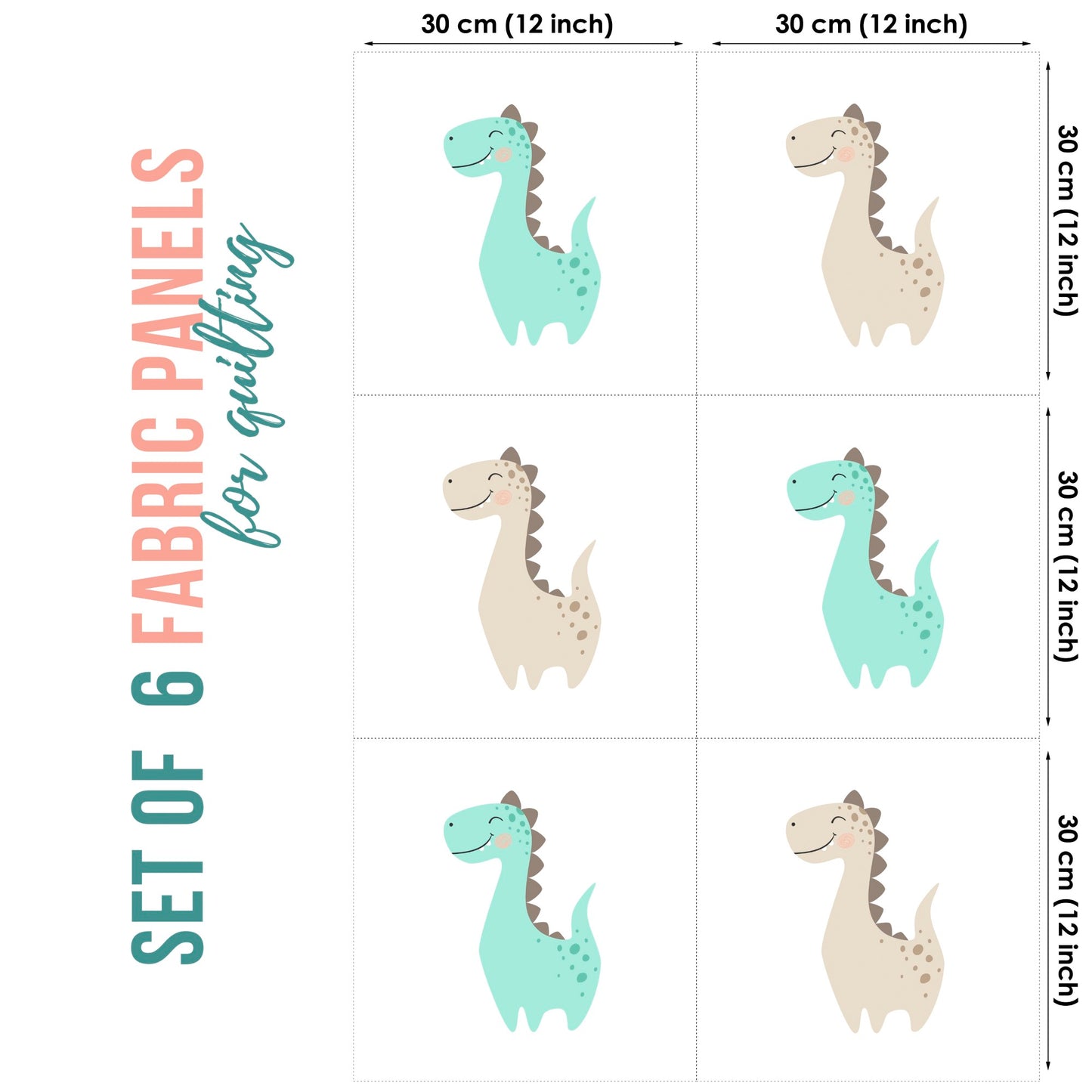 Set of 6 fabric panels featuring a cute dinosaur design in various color tones, primarily in green and beige, with a text overlay indicating measurements.