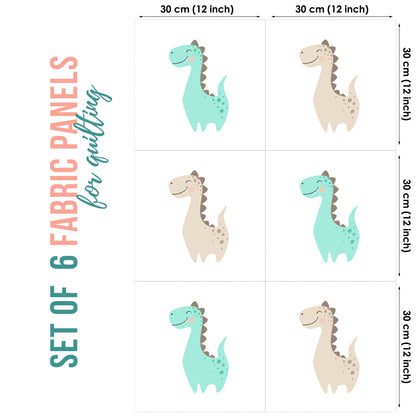 Set of 6 fabric panels featuring a cute dinosaur design in various color tones, primarily in green and beige, with a text overlay indicating measurements.