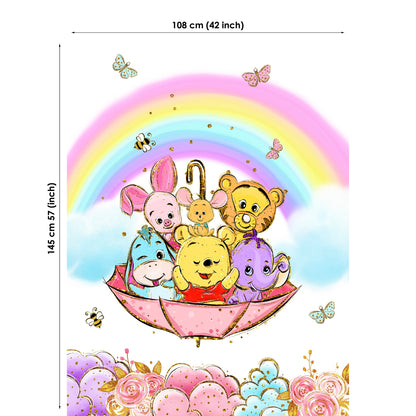 A fabric panel featuring colorful character illustrations from Winnie the Pooh, depicted in a boat setting, with a pink and blue color scheme and decorative elements around.