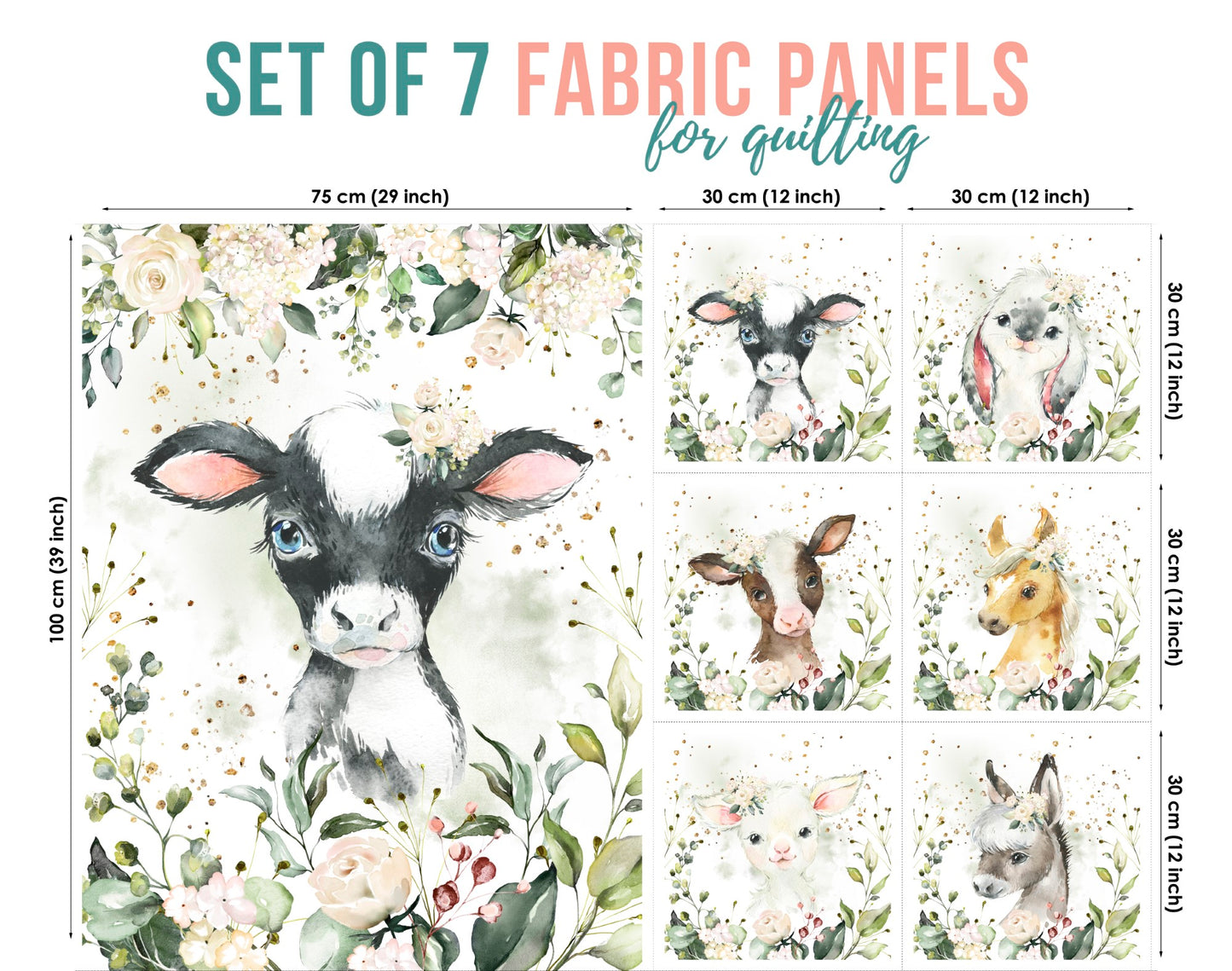 Set of 7 fabric panels featuring various cute farm animal designs, black and white cow, with a floral background.