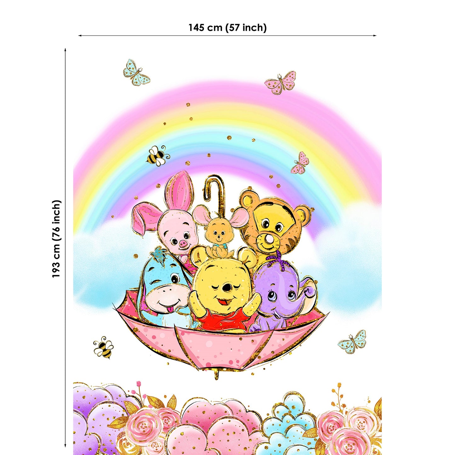 A fabric panel featuring colorful character illustrations from Winnie the Pooh, depicted in a boat setting, with a pink and blue color scheme and decorative elements around.