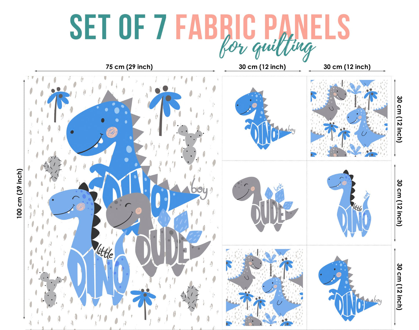 Cute Dino Blue Fabric Panels for Quilting