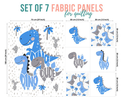 Cute Dino Blue Fabric Panels for Quilting
