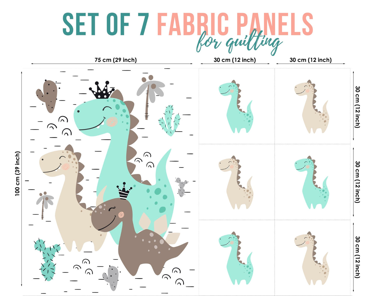 Set of 7 fabric panels, featuring mint, beige and brown smiling dinosaurs