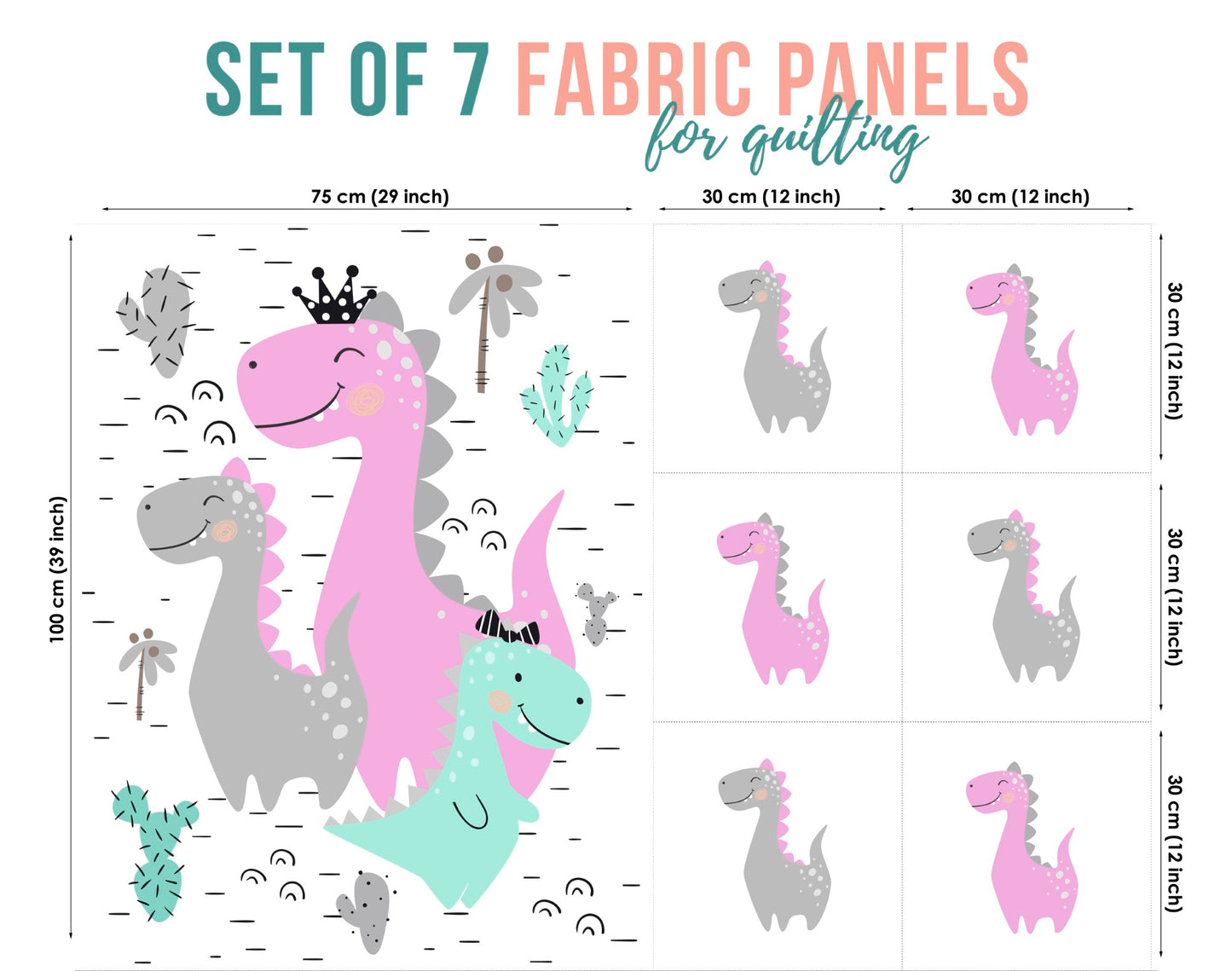 Cute Dino Pink Fabric Panels for Quilting