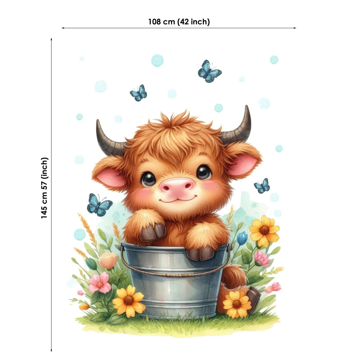 Blanket of a cute cow in a bucket with flowers and butterflies, including dimensions.