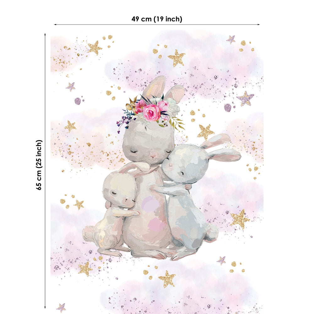 Fabric with cartoon unicorns and rabbits on a starry background, showing dimensions.