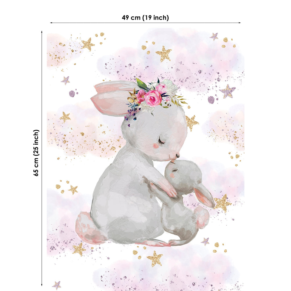Baby blanket with a mother rabbit holding her baby with star and flower decorations, showing dimensions.