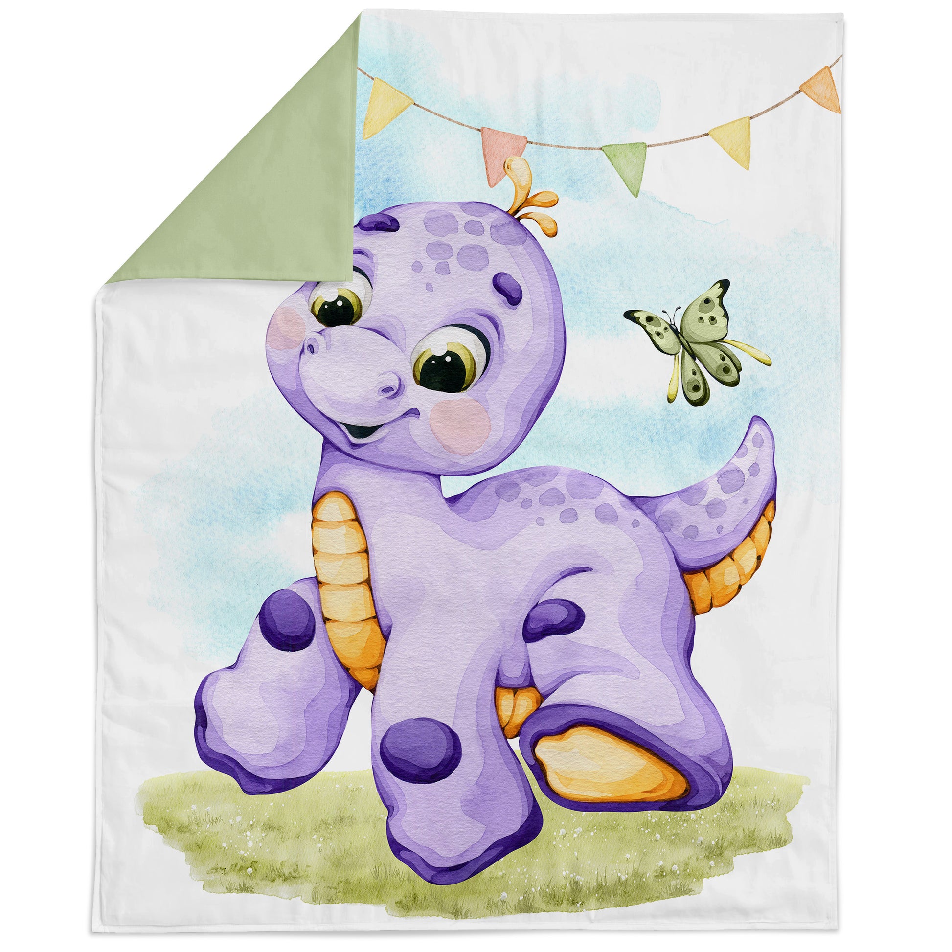 A fabric panel with a purple dinosaur print, designed for quilting and sewing projects.