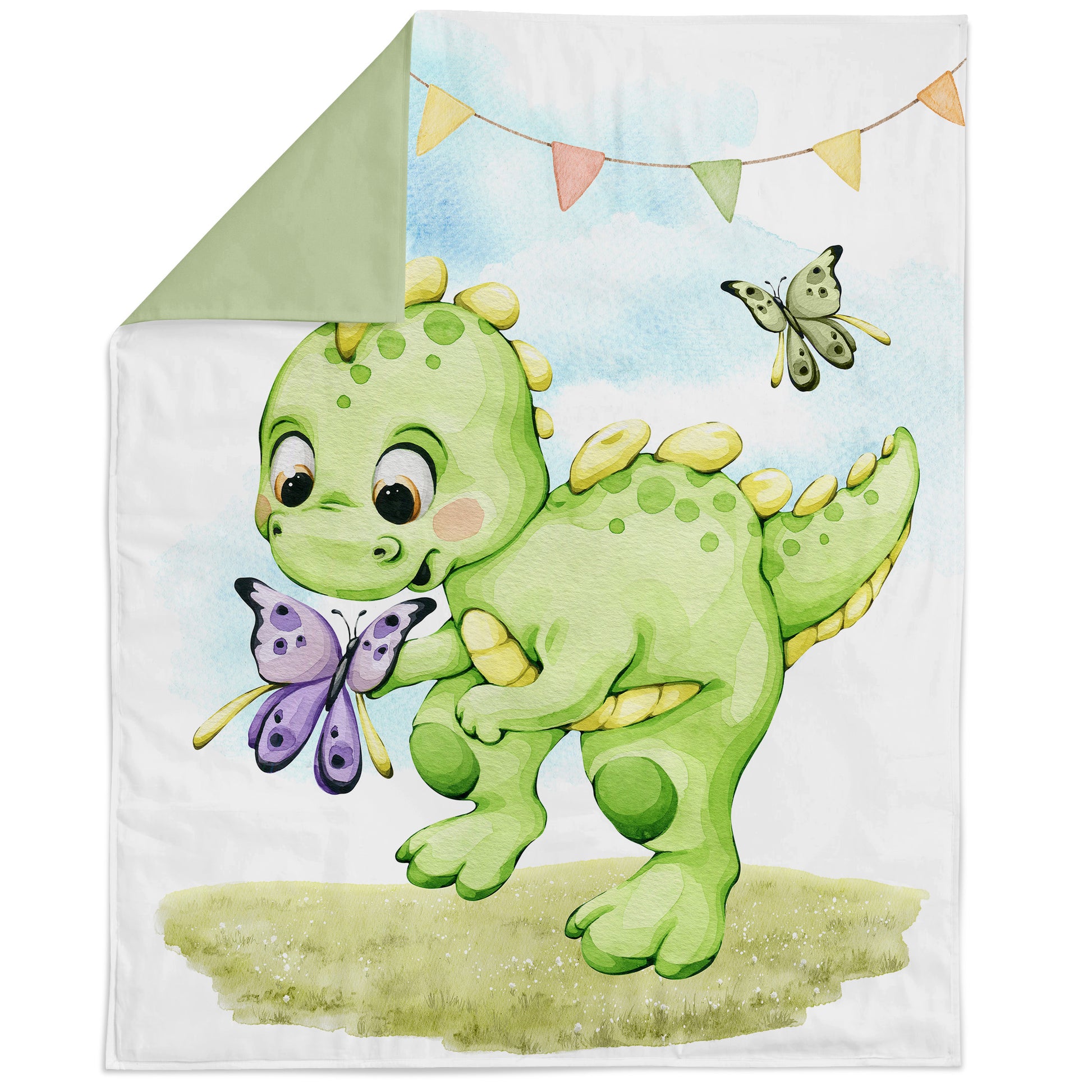 A fabric panel with a green dinosaur print, designed for quilting and sewing projects.