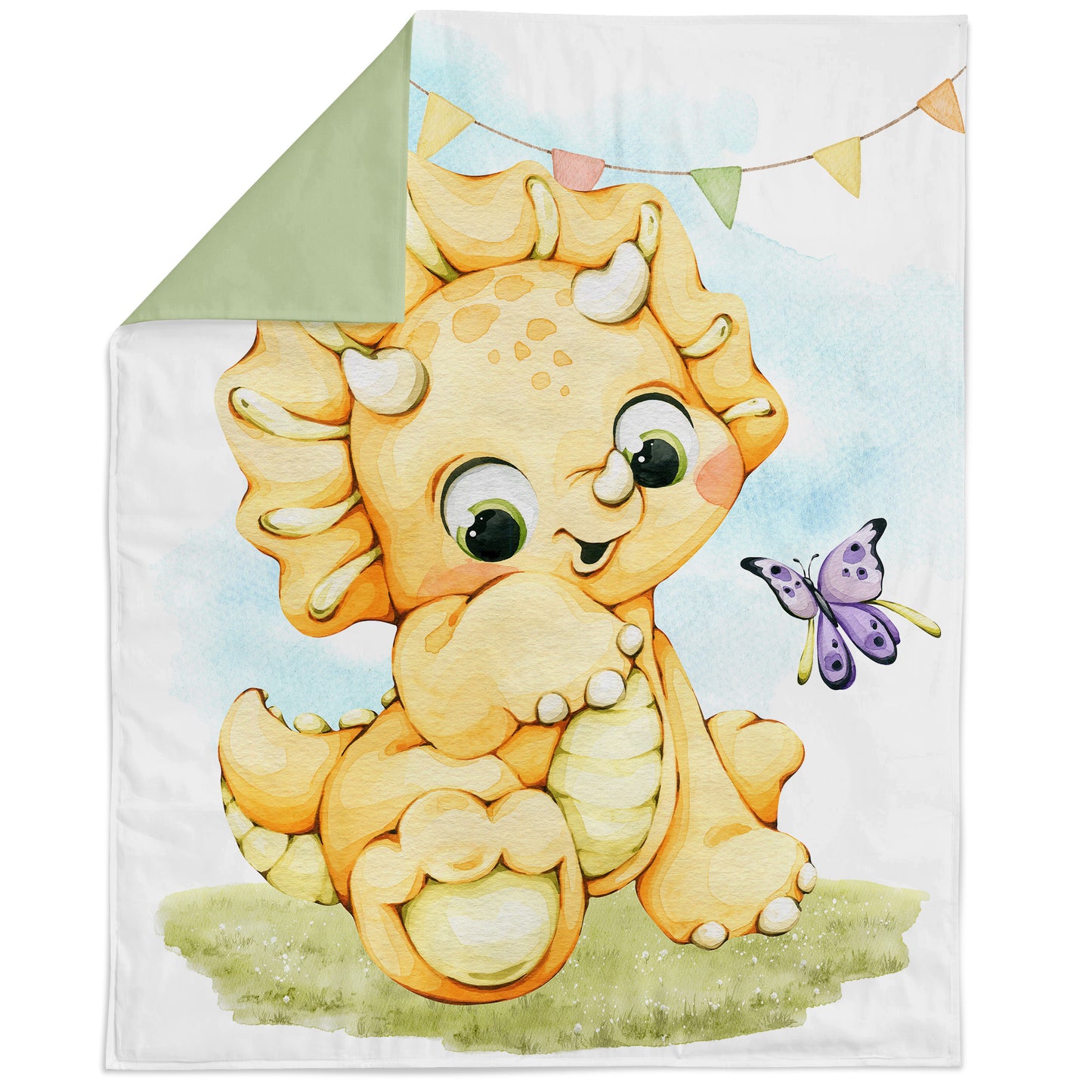 A fabric panel featuring a colorful cartoon dinosaur character with a butterfly, designed for quilting and sewing projects.