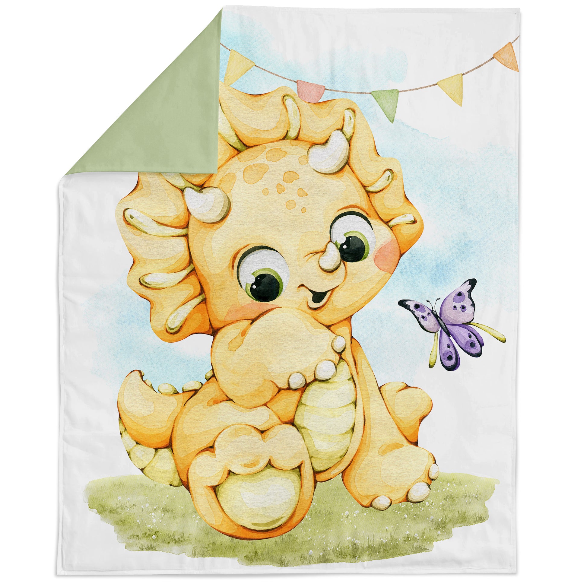 A fabric panel featuring a colorful cartoon dinosaur character with a butterfly, designed for quilting and sewing projects.