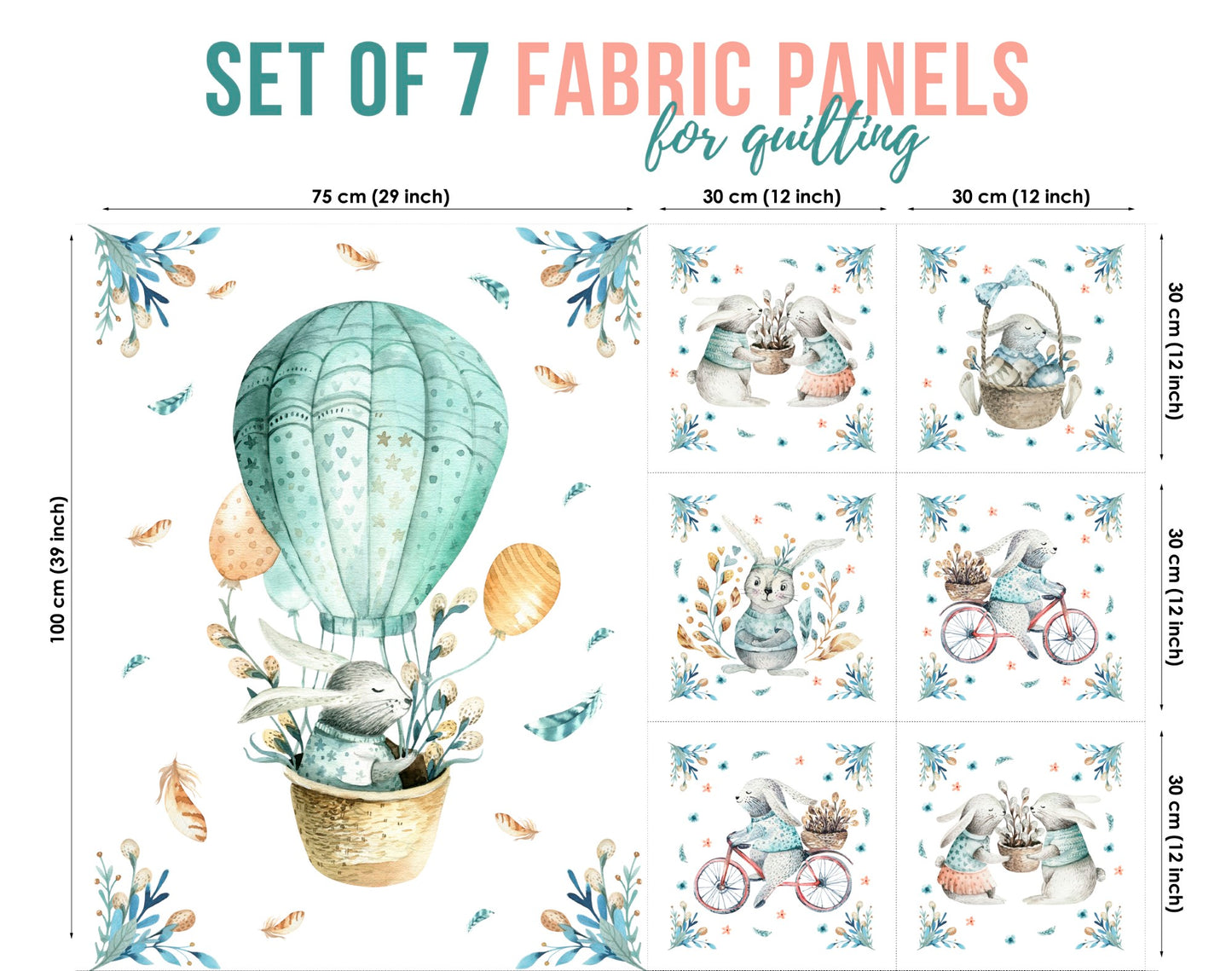 A set of 7 fabric panels featuring various illustrations of bunny-themed characters in a mint green color scheme, designed for quilting and crafting projects.
