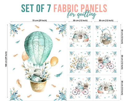 A set of 7 fabric panels featuring various illustrations of bunny-themed characters in a mint green color scheme, designed for quilting and crafting projects.