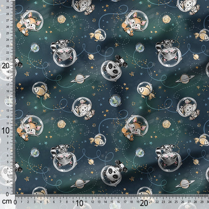 Fabric with space-themed design featuring astronauts, planets, and stars on a dark blue background.