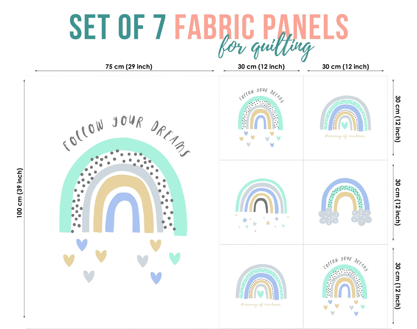 A set of 7 fabric panels for quilting, featuring a rainbow pattern with heart and star appliqués, in various sizes.