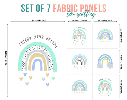 A set of 7 fabric panels for quilting, featuring a rainbow pattern with heart and star appliqués, in various sizes.