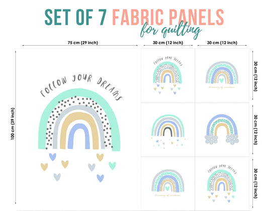A set of 7 fabric panels for quilting, featuring a rainbow pattern with heart and star appliqués, in various sizes.