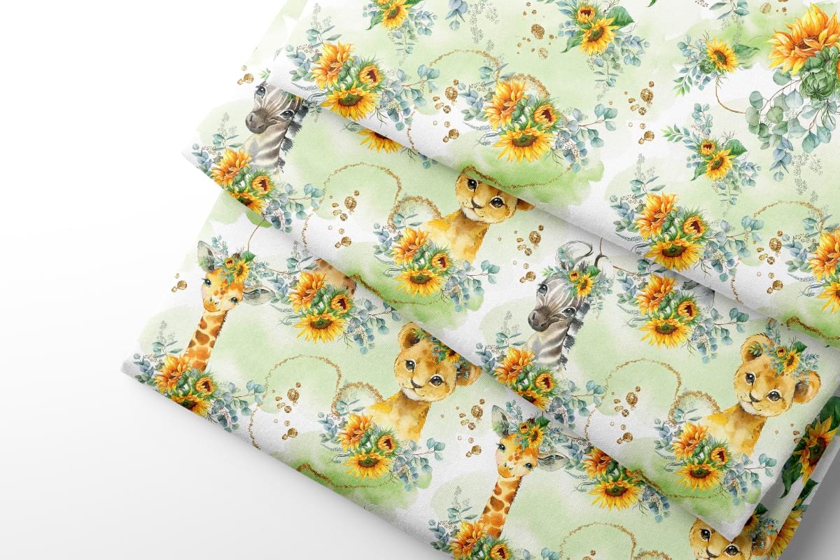 Floral patterned fabric with safari and sunflowers designs on a white background