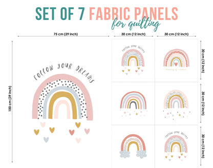 Set of 7 fabric panels with a rainbow pattern and text that says 'Follow Your Dreams' in various font sizes on a white background.