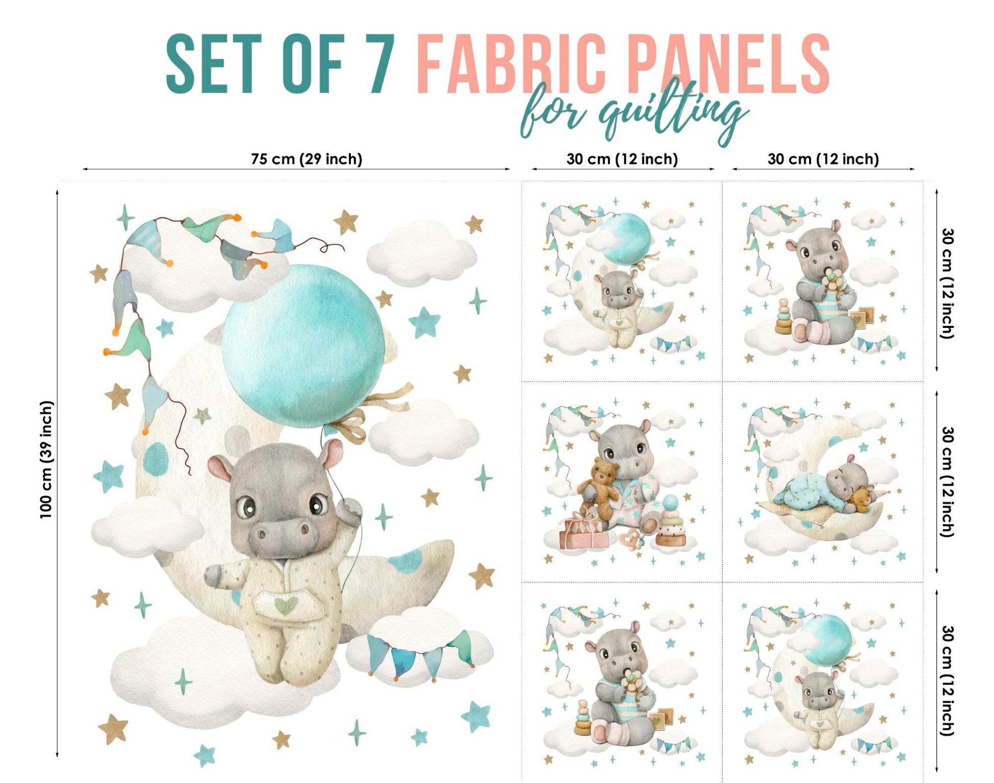Set of seven fabric panels with cartoon mint hippo designs