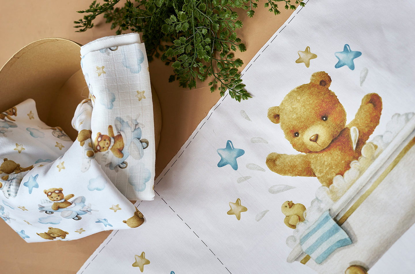 cotton fabric with print of brown teddy bear in the bath