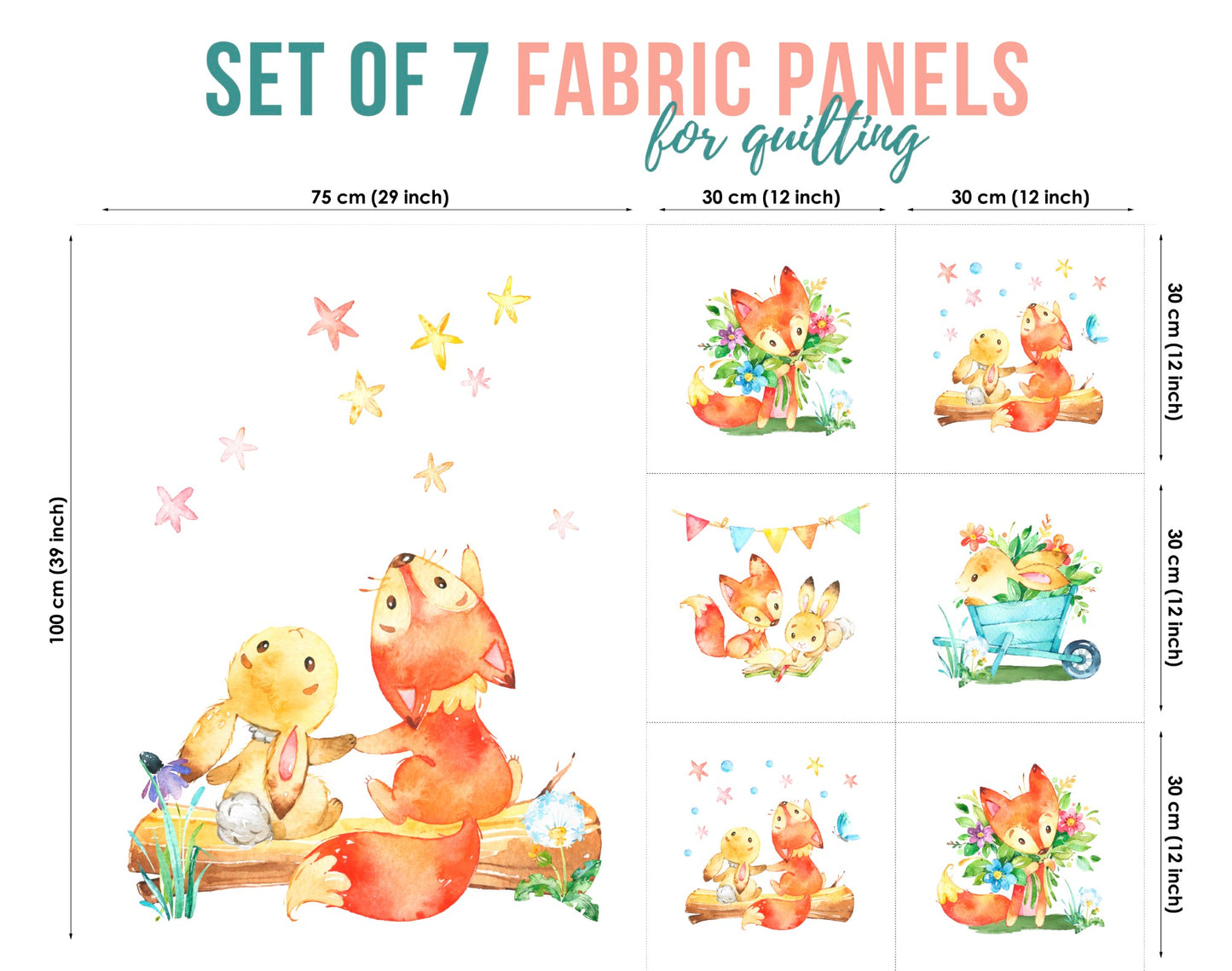 A set of 7 colorful fabric panels featuring watercolor-style illustrations of foxes in various poses and expressions, intended for quilting and crafting projects.
