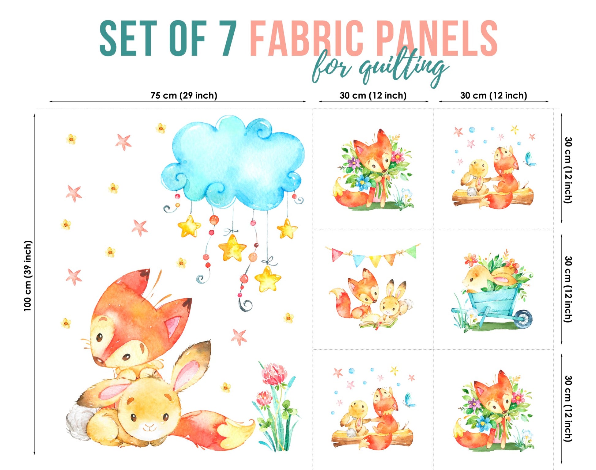 Set of 7 fabric panels featuring colorful illustrations of fox and bunny characters in various poses and a cloud, designed for quilting and crafting.